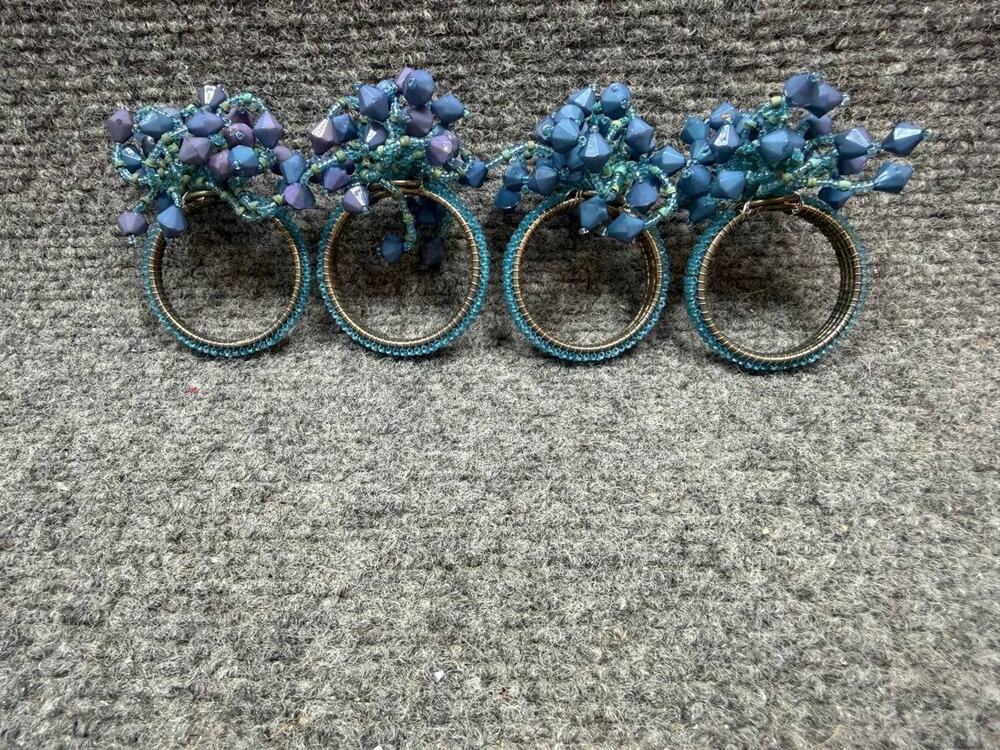 Set of 4 Turquoise Blue Beaded Napkin Rings Table Decor